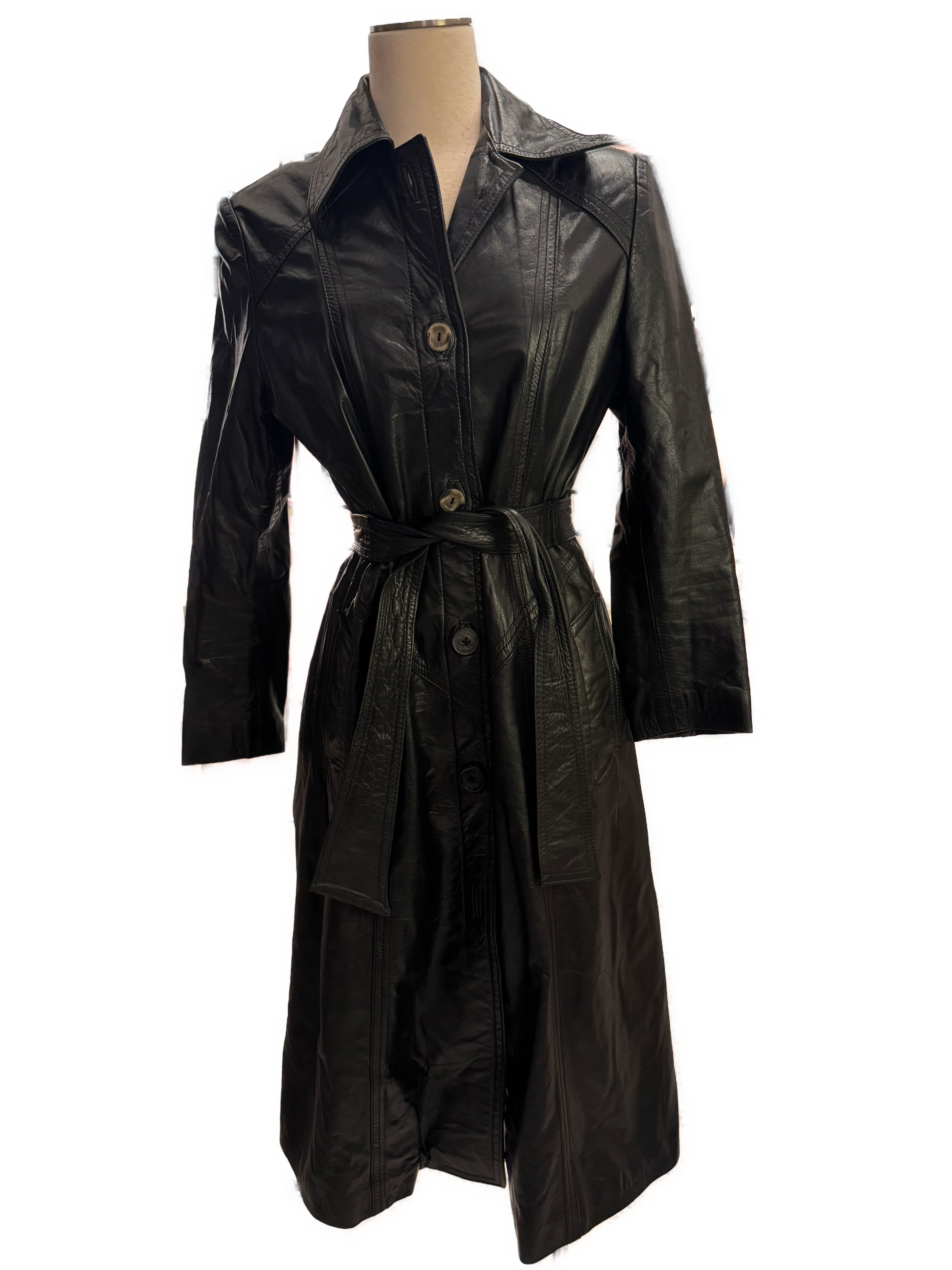 Vintage Black Leather Trench Coat by Vanessa Fashions