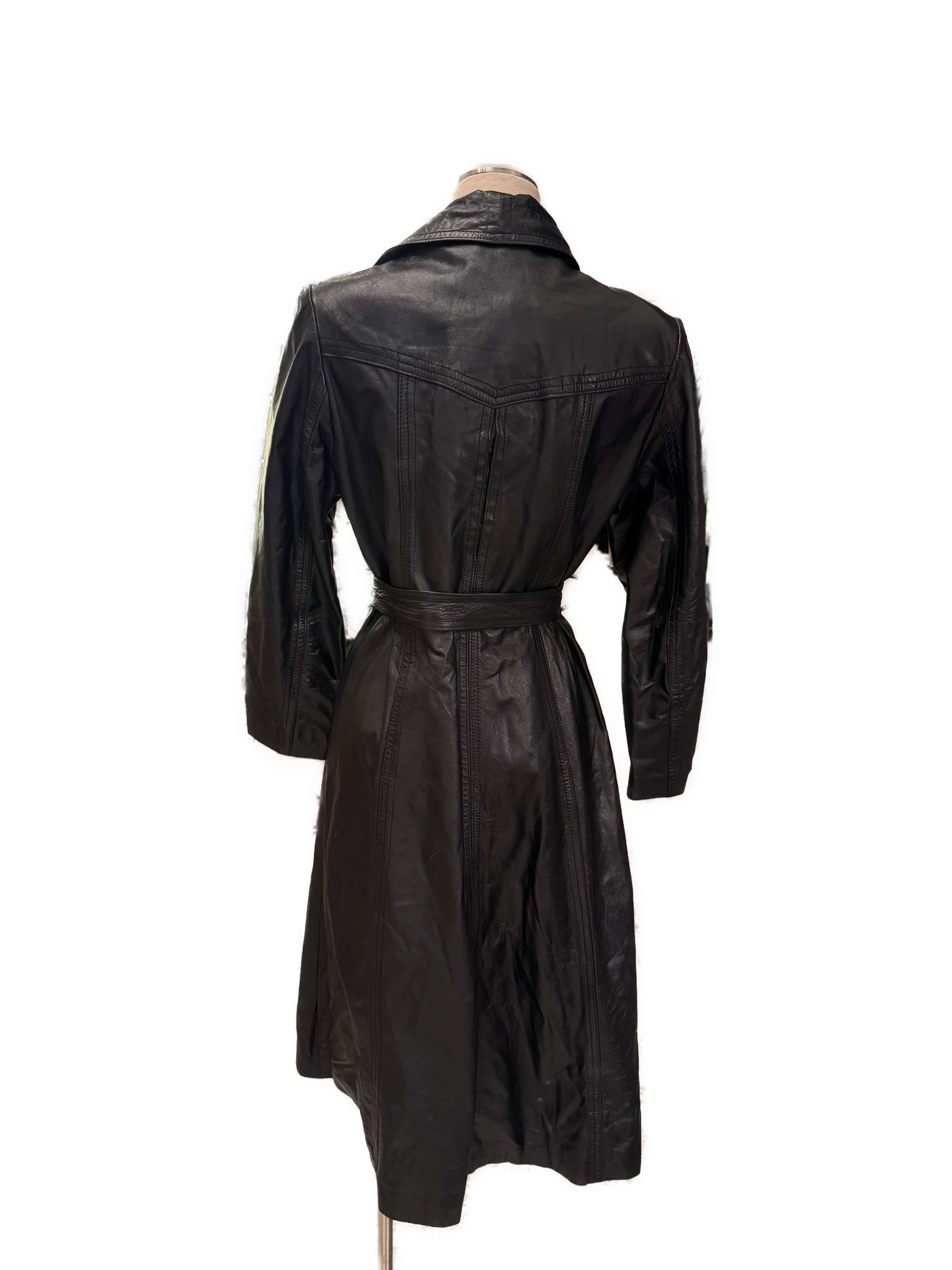 Vintage Black Leather Trench Coat by Vanessa Fashions