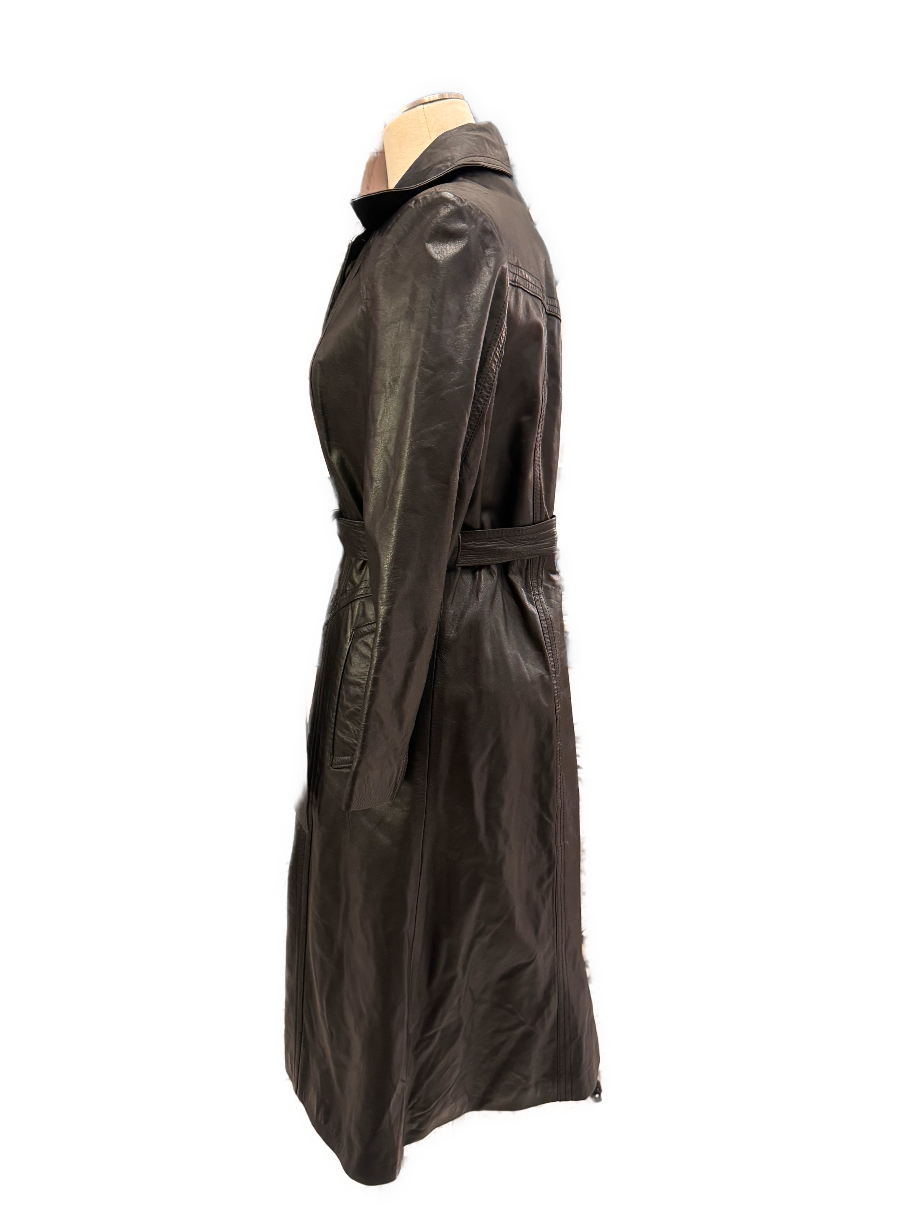 Vintage Black Leather Trench Coat by Vanessa Fashions