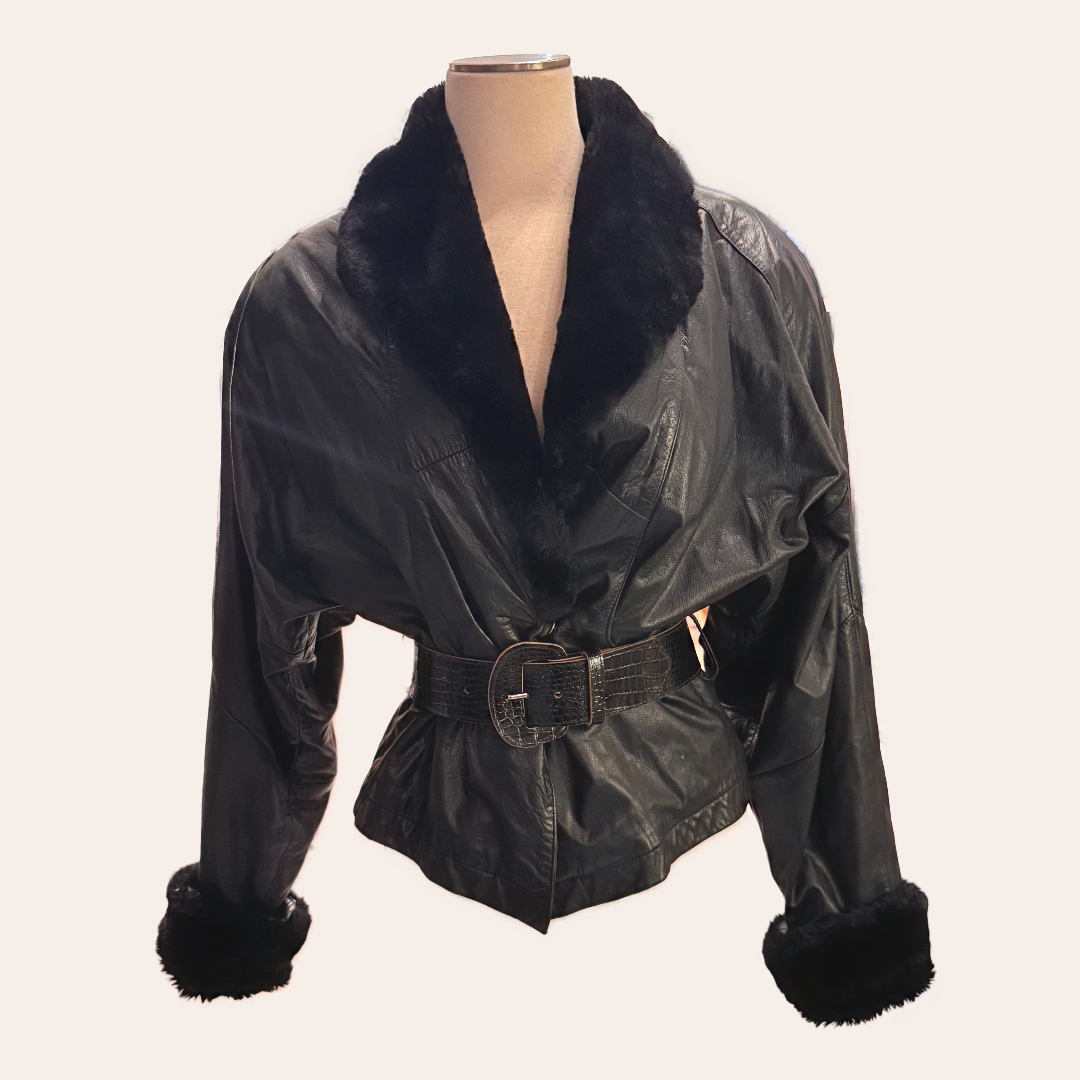 Retro Leather Wilsons Cinched Waist Jacket with Faux Fur Collar