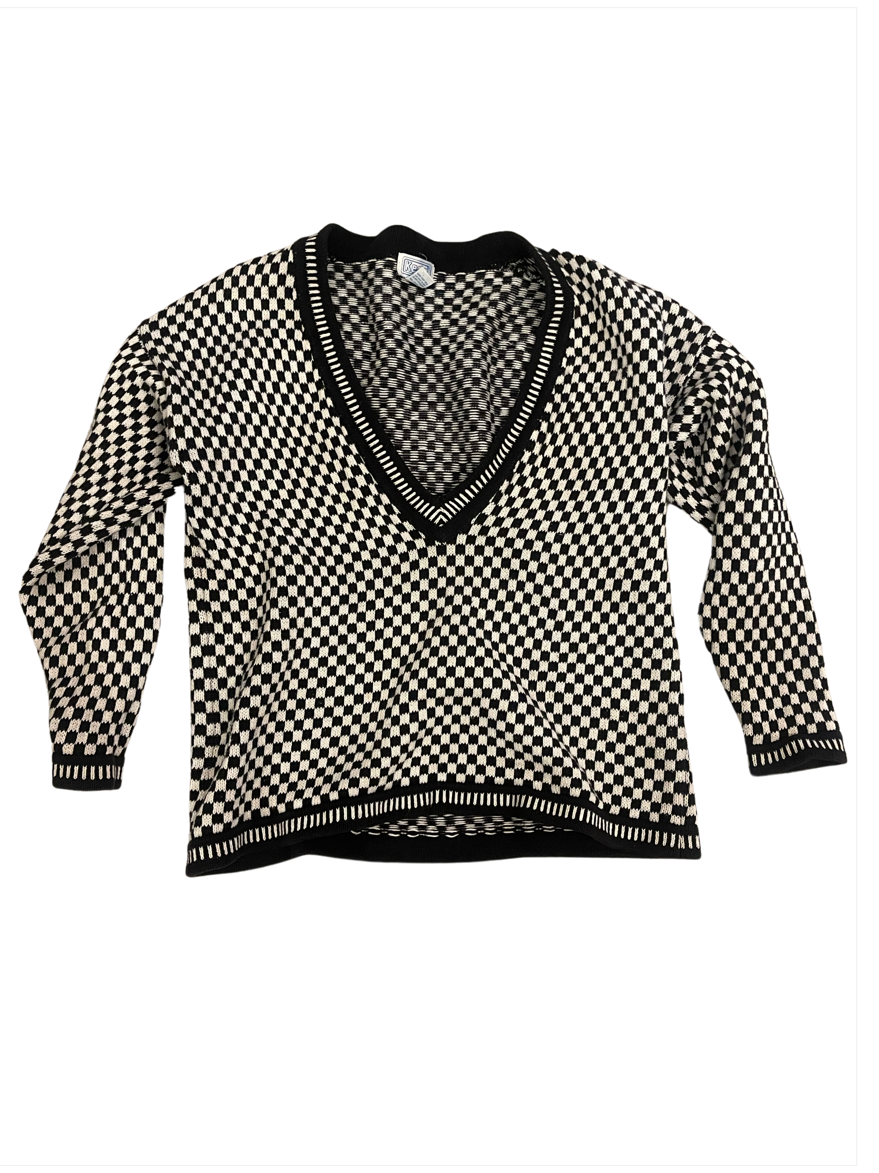 Vintage Keds Classic Black and White Checkered Long V Neck Sweater